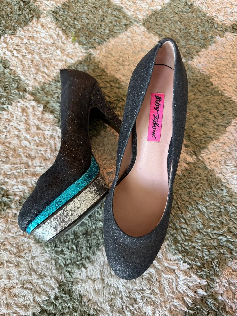 Betsey Johnson Black Glitter Platform Pumps with Teal and Silver Stripe